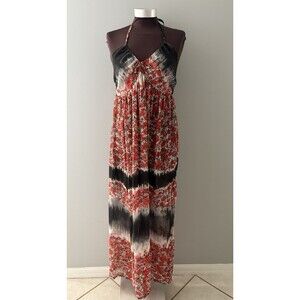 Floral Maxi Dress Medium Red Black Halter Boho Beach Hippie Vacation Lightweight